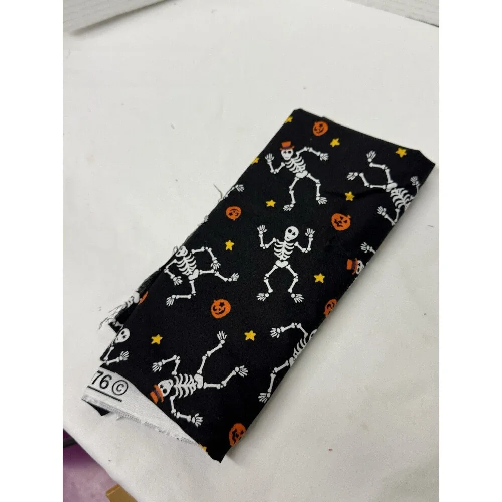 Halloween Cotton Fabric Pieces- Dancing Skeletons & Pumpkins on Black
